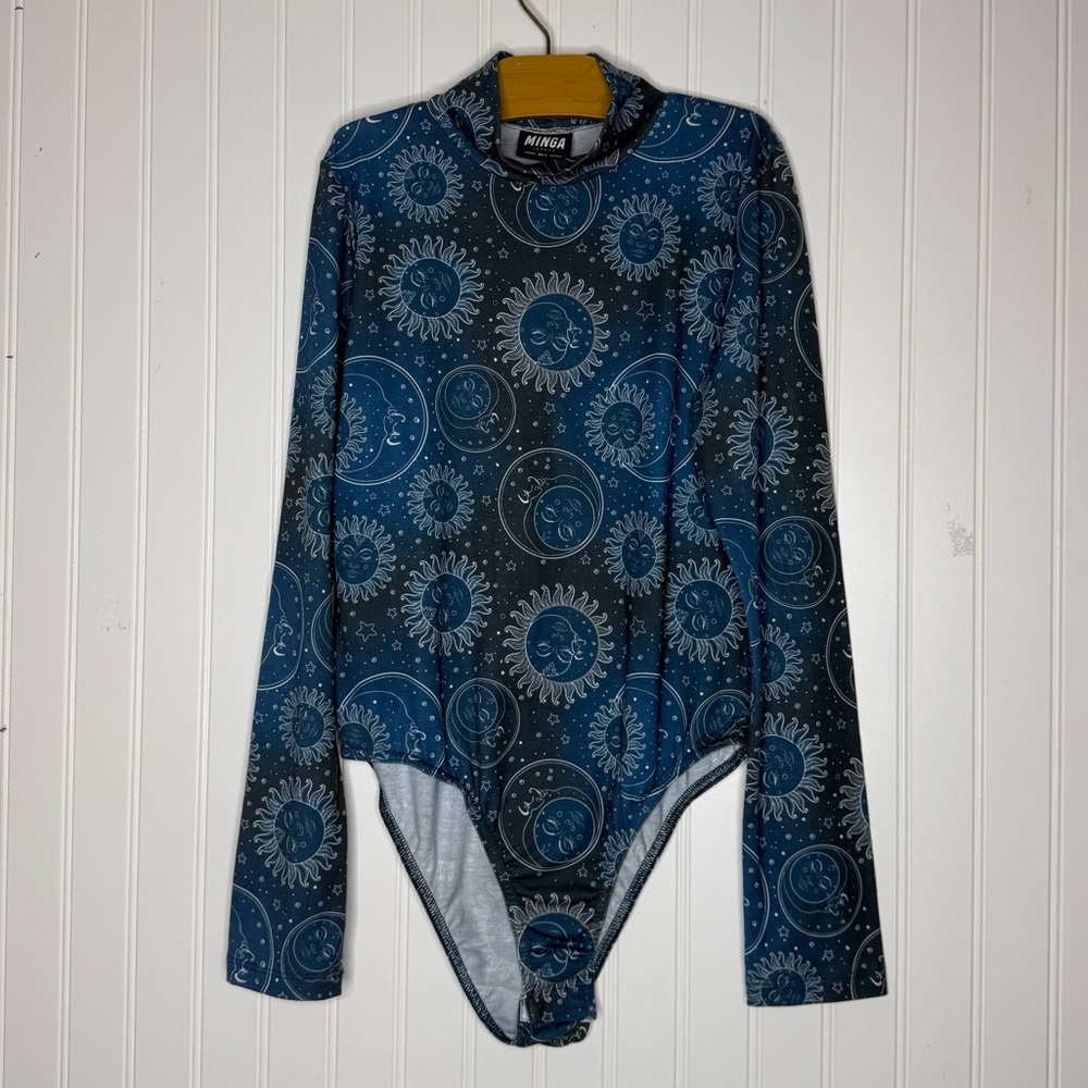 Minga London Cosmo Celestial Sun and Moon Bodysuit Top Long Sleeve Size M/L